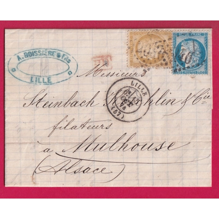 N°55 60 GC2046 LILLE NORD POUR MULHOUSE 1874 HAUT RHIN ALSACE LORRAINE ALLEMAGNE LETTRE COVER