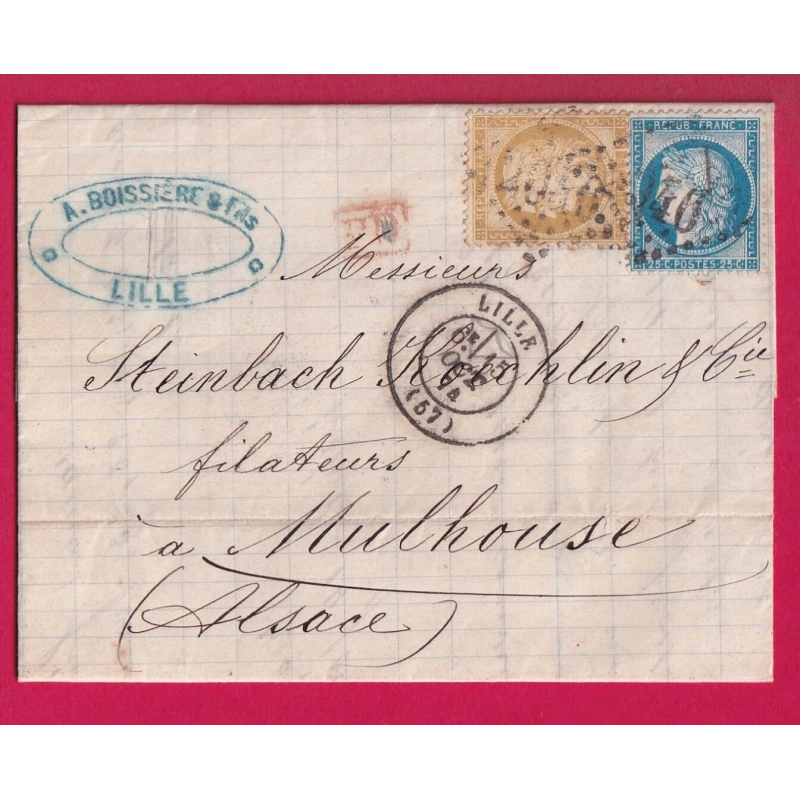 N°55 60 GC2046 LILLE NORD POUR MULHOUSE 1874 HAUT RHIN ALSACE LORRAINE ALLEMAGNE LETTRE COVER