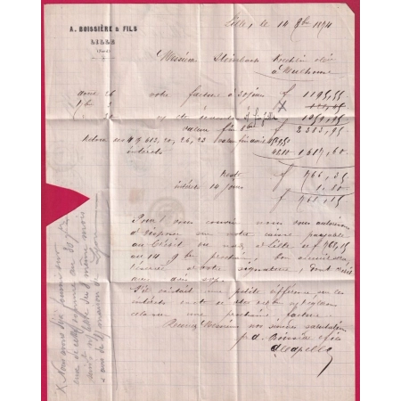 N°55 60 GC2046 LILLE NORD POUR MULHOUSE 1874 HAUT RHIN ALSACE LORRAINE ALLEMAGNE LETTRE COVER