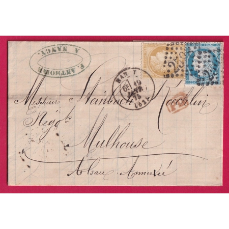 N°55 60 GC2598 NANCY MEURTHE ET MOSELLE POUR MULHOUSE 1875 HAUT RHIN ALSACE LORRAINE ALLEMAGNE LETTRE COVER
