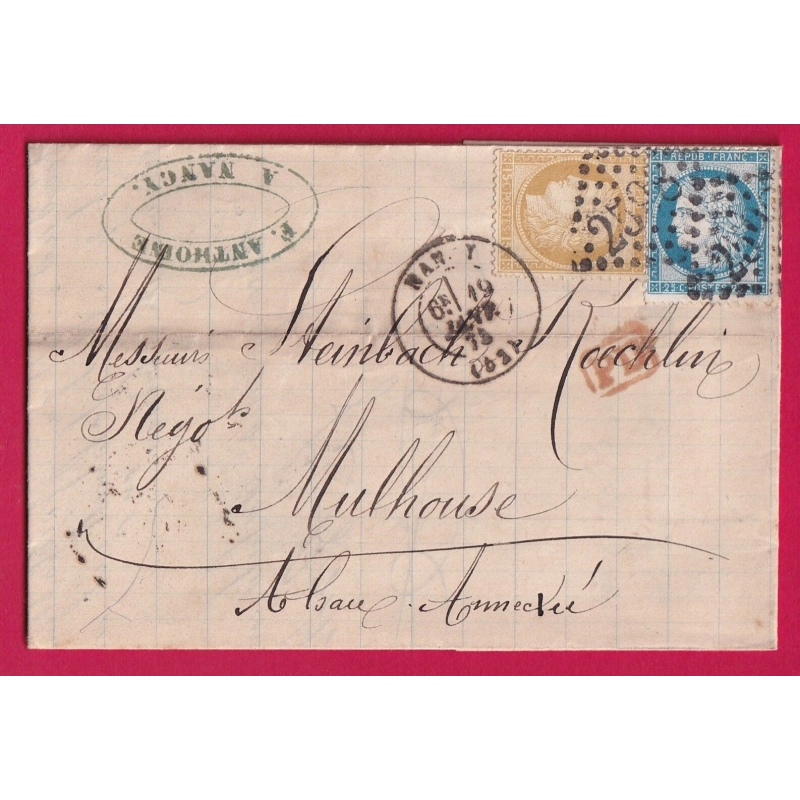 N°55 60 GC2598 NANCY MEURTHE ET MOSELLE POUR MULHOUSE 1875 HAUT RHIN ALSACE LORRAINE ALLEMAGNE LETTRE COVER