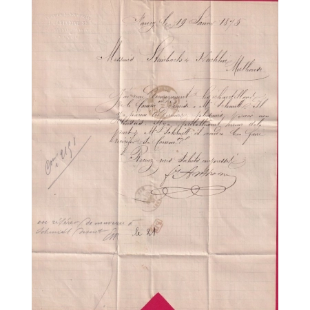 N°55 60 GC2598 NANCY MEURTHE ET MOSELLE POUR MULHOUSE 1875 HAUT RHIN ALSACE LORRAINE ALLEMAGNE LETTRE COVER