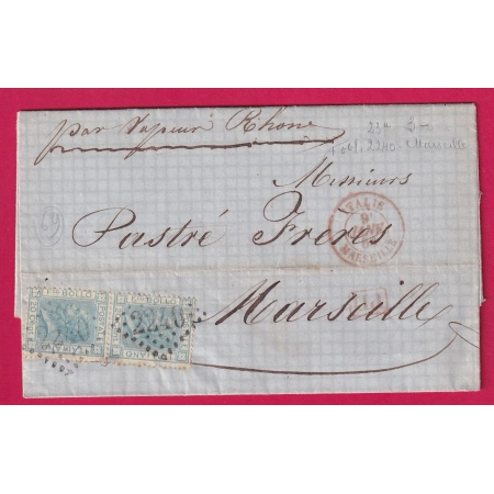 ITALIE N°23a PAIRE OBLITERATION FRANCAISE GC 2240 MARSEILLE DEPART GENES GENOVA ITALIA 1868 LETTRE COVER