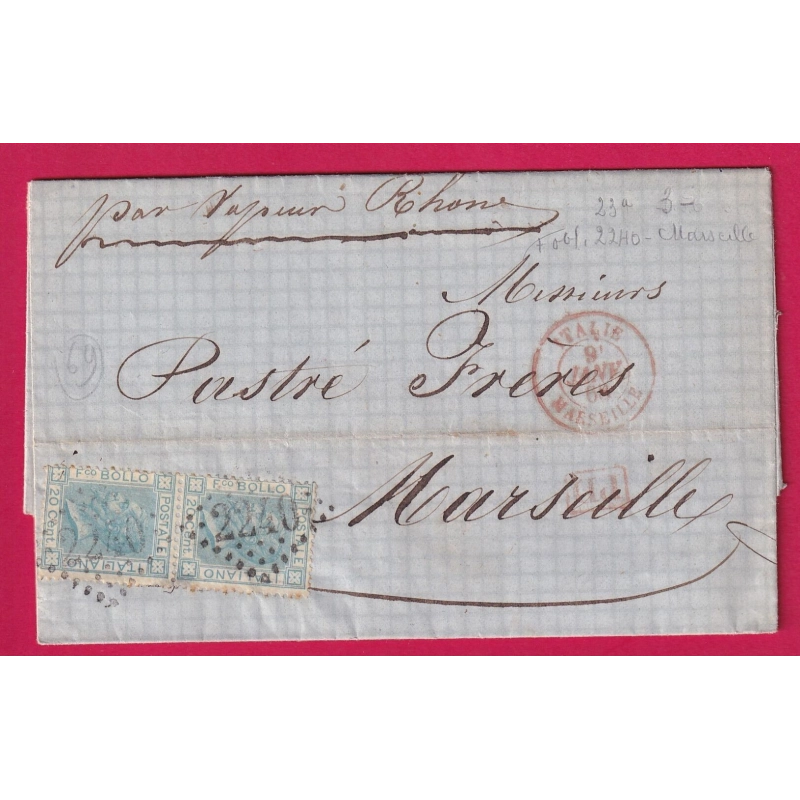 ITALIE N°23a PAIRE OBLITERATION FRANCAISE GC 2240 MARSEILLE DEPART GENES GENOVA ITALIA 1868 LETTRE COVER