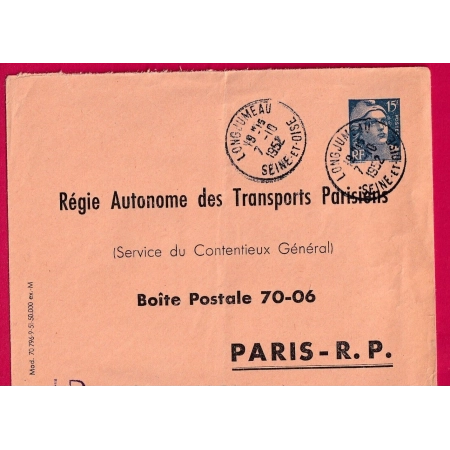 ENTIER TSC GANDON 15F BLEU RATP 1952 PARIS DEPART LONGJUMEAU LETTRE COVER