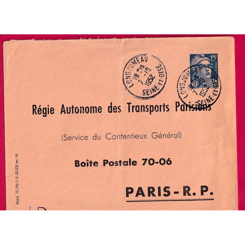 ENTIER TSC GANDON 15F BLEU RATP 1952 PARIS DEPART LONGJUMEAU LETTRE COVER