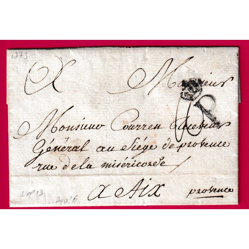 MARQUE P COURONNE DE PARIS 1773 SIGNE GRIMALDI LENAIN N°13 INDICE 16 POUR AIX EN PROVENCE BOUCHES DU RHONE LETTRE COVER