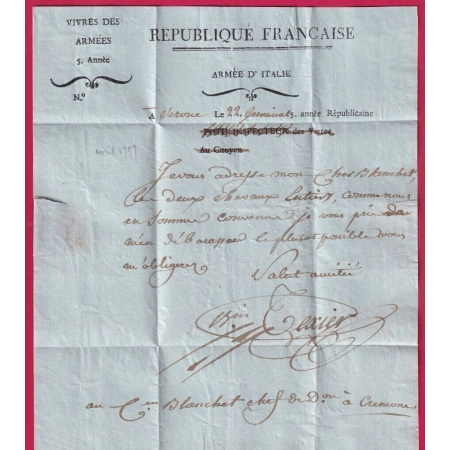ARMEE ITALIE 17EME DIVISION VERONE VERONA 1797 AN5 POUR CREMONE LETTRE COVER