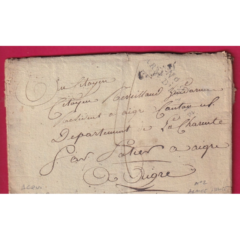 MARQUE N°2 ARMEE ITALIE + ACQUI AN9 1801 POUR AIGRE CHARENTE LETTRE COVER