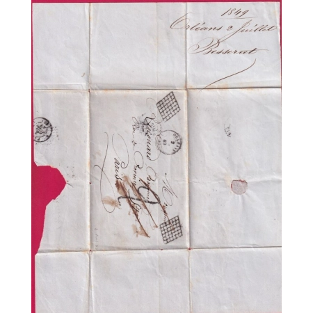 CAD TYPE 15 ORLEANS LOIRET + 2 GRILLES TAXE TAMPON 2 ANNULEE POUR PARIS 2 JUILLET 1849 LETTRE COVER