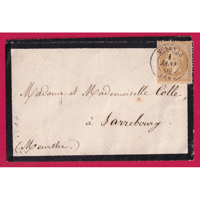 N°21 CAD TYPE 15 MORLAAS BASSES PYRENEES 1ER JANVIER 1865 POUR SARREBOURG MEURTHE JOUR DE L'AN LETTRE COVER