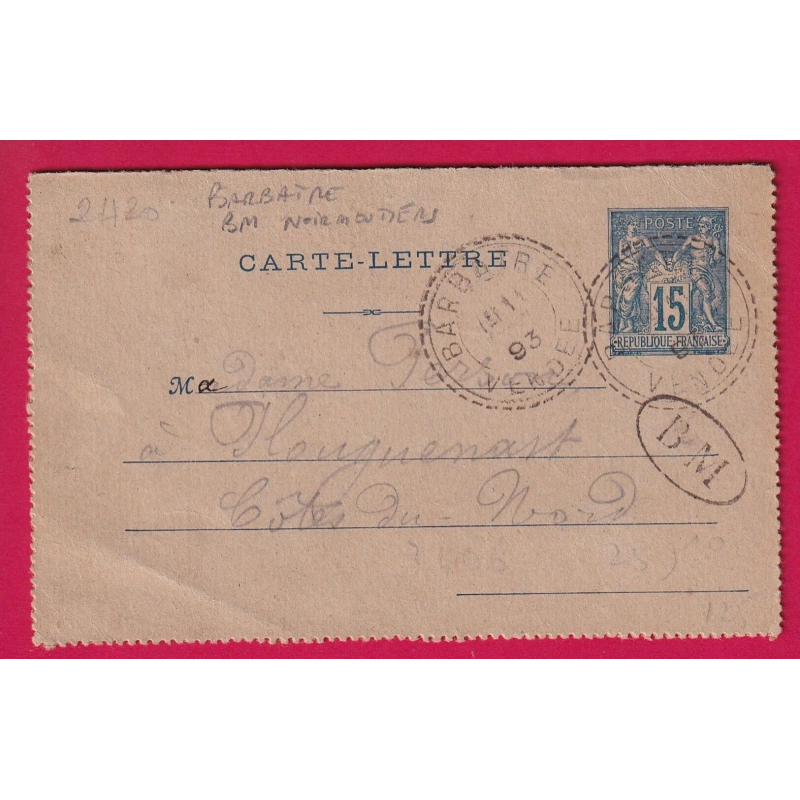 CARTE LETTRE SAGE CAD TYPE FB84 BARBATRE VENDEE BM DE NOIRMOUTIERS VENDEE POUR PLOUGUENAST 1893 LETTRE COVER