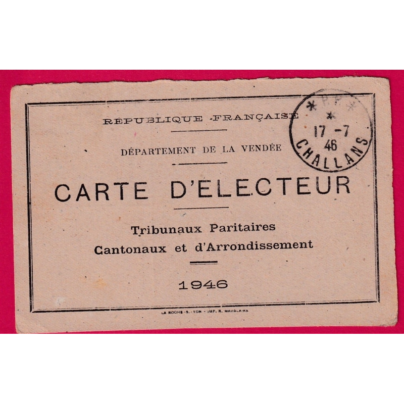 CAD PP CHALLANS VENDEE SUR CARTE ELECTEUR 1946 MAIRIE DE CHALLANS LETTRE COVER