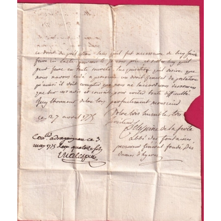 MARQUE HYERES VAR LENAIN N°1A + TOULON N°10 INDICE 15 POUR DRAGUIGNAN 1775 SIGNE MATHIEU LETTRE COVER
