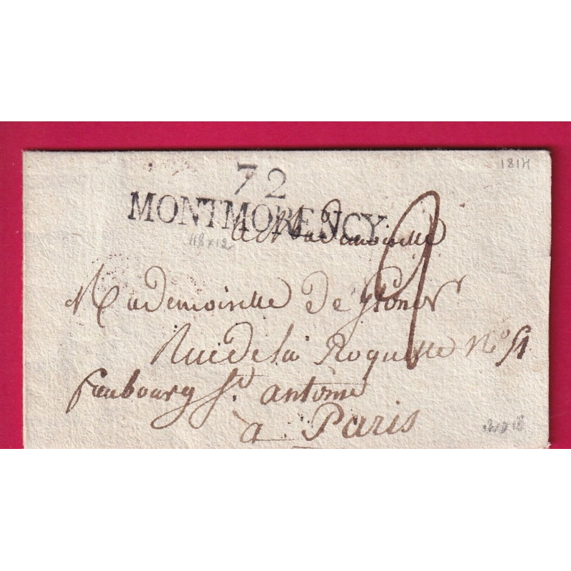 MARQUE 72 MONTMORENCY 1814 SEINE ET OISE 48X12 POUR PARIS INDICE 18 LETTRE COVER