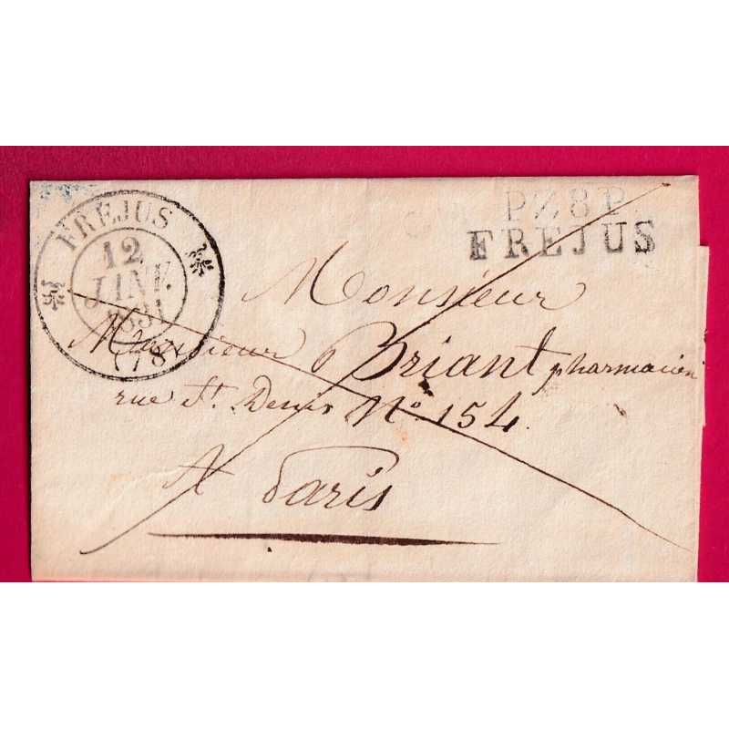 MARQUE P78P FREJUS VAR + CAD TYPE 12 1831 POUR PARIS ALPES MARITIMES LETTRE COVER