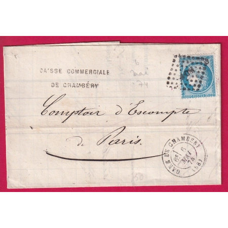 N°60 CAD GARE DE CHAMBERY SAVOIE LOSANGE MCM AMBULANT MACON MONT CENIS POUR PARIS POSTE RESTANTE 1874 LETTRE