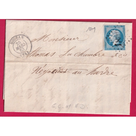N°14 GC 1809 HOUDAN SEINE INFERIEURE 25 MARS 1863 POUR LE HAVRE LETTRE COVER