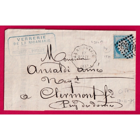 N°60 CONVOYEUR STATION LA RICAMARIE LOIRE POUR CLERMONT BUREAU PASSE 2565 MOULINS ALLIER INDICE 14 LETTRE COVER