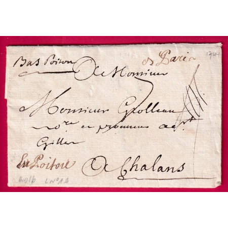 MARQUE MANUSCRIT PARIS 1744 LENAIN N°1A INDICE 16 POUR CHALLANS VENDEE MENTION BAS POITOU LETTRE COVER