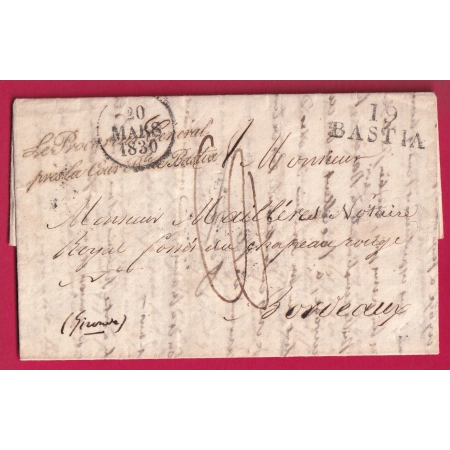FRANCHISE LE PROCUREUR ROYALE PRES LA COUR DE BASTIA CORSE 1830 POUR BORDEAUX GIRONDE LETTRE COVER