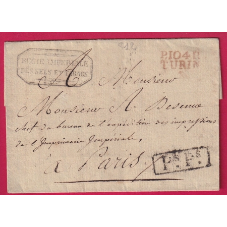 FRANCHISE REGIE IMPERIALE DES SELS ET TABACS MARQUE CONQUIS P104P TURIN ITALIE ITALIA POUR PARIS 1812 LETTRE