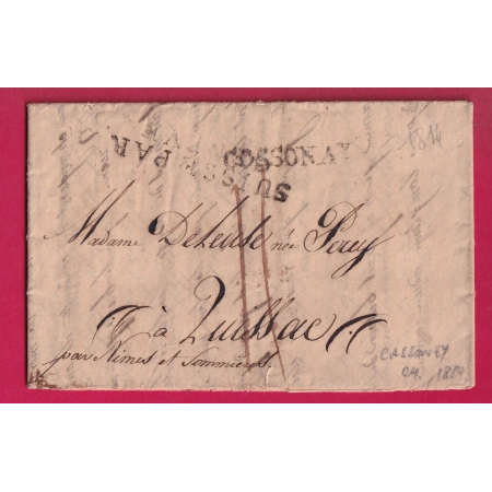 MARQUE SUISSE CASSONAY CANTON DE VAUD 1814 ENTREE SUISSE PAR GENEVE POUR QUISSAC GARD LETTRE COVER