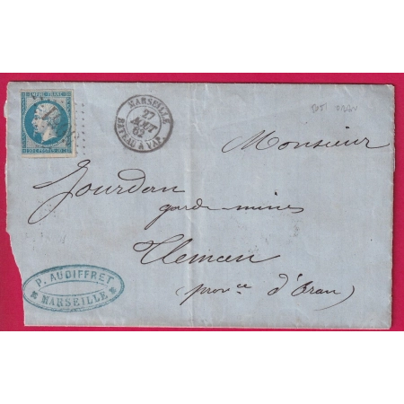 N°14 GC 5051 ORAN ALGERIE + CAD MARSEILLE BATEAU A VAPEUR 27 AOUT 1862 POUR TLEMCEN ALGERIE LETTRE COVER