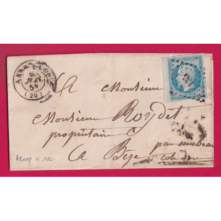 N°14 BLEU CIEL BDF PC 135 ARNAY LE DUC COTE D'OR POUR MIREBEAU SUR BEZE 1858 LETTRE COVER