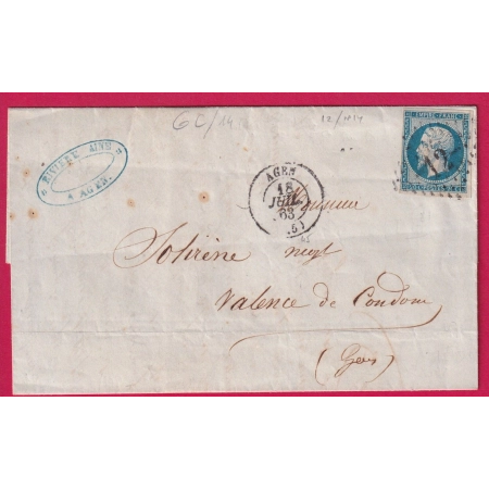 N°14B GC 12 AGEN LOT ET GARONNE POUR VALENCE DE CONDOM GERS 18 JUILLET 1863 LETTRE COVER