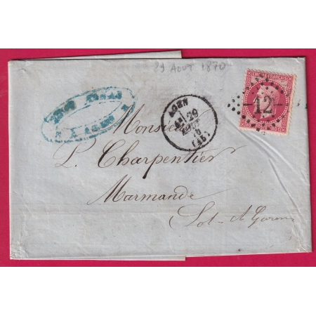 N°32 GC 12 AGEN LOT ET GARONNE POUR MARMANDE CAD TYPE 16 LETTRE COVER