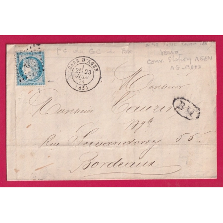 N°60 GARE D'AGEN LOT ET GARONNE BM OVALE AGEN CONVOYEUR STATION AU DOS PC DU GC 532 BORDEAUX LETTRE COVER