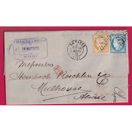 N°55 60 GC 1769 LE HAVRE SEINE INFERIEURE POUR MULHOUSE ALSACE LORRAINE ALLEMAGNE 1875 PARIS ETRANGER BLEU LETTRE COVER