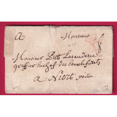 MARQUE P COURONNE PARIS EN ROUGE LENAIN N°5 INDICE 23 POUR NIORT DEUX SEVRES 1771 LETTRE COVER