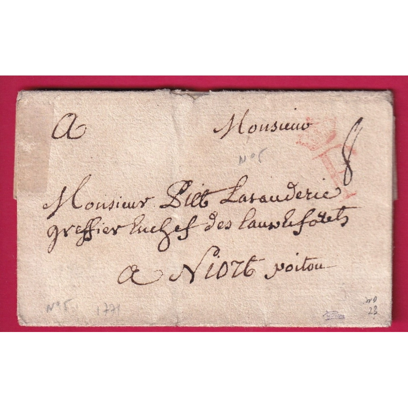 MARQUE P COURONNE PARIS EN ROUGE LENAIN N°5 INDICE 23 POUR NIORT DEUX SEVRES 1771 LETTRE COVER