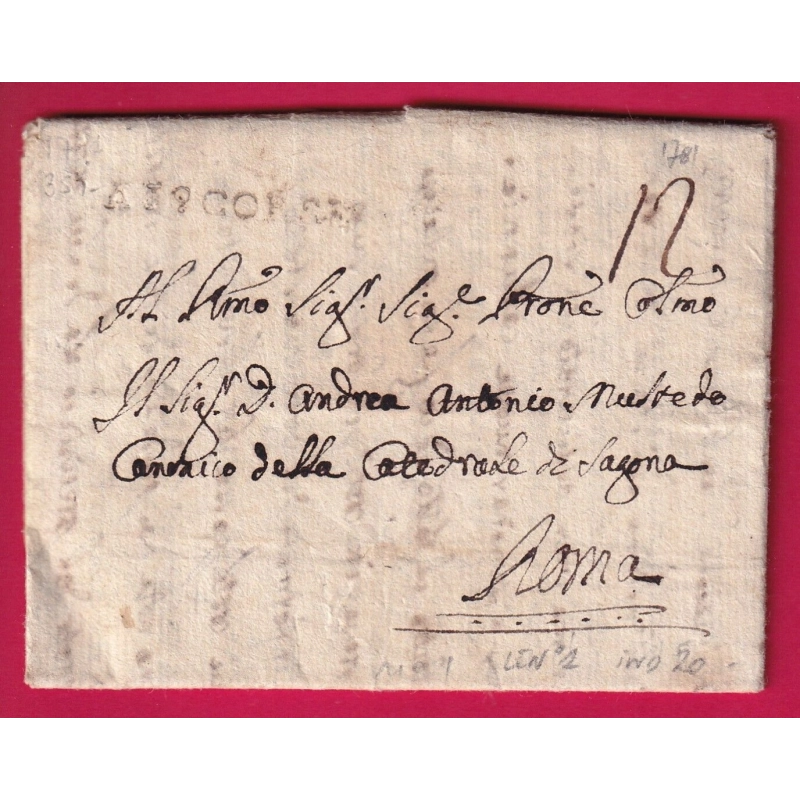 MARQUE AJACCIO CORSE LN°1 1781 POUR ROME ITALIE ROMA ITALIA INDICE 20 LETTRE COVER