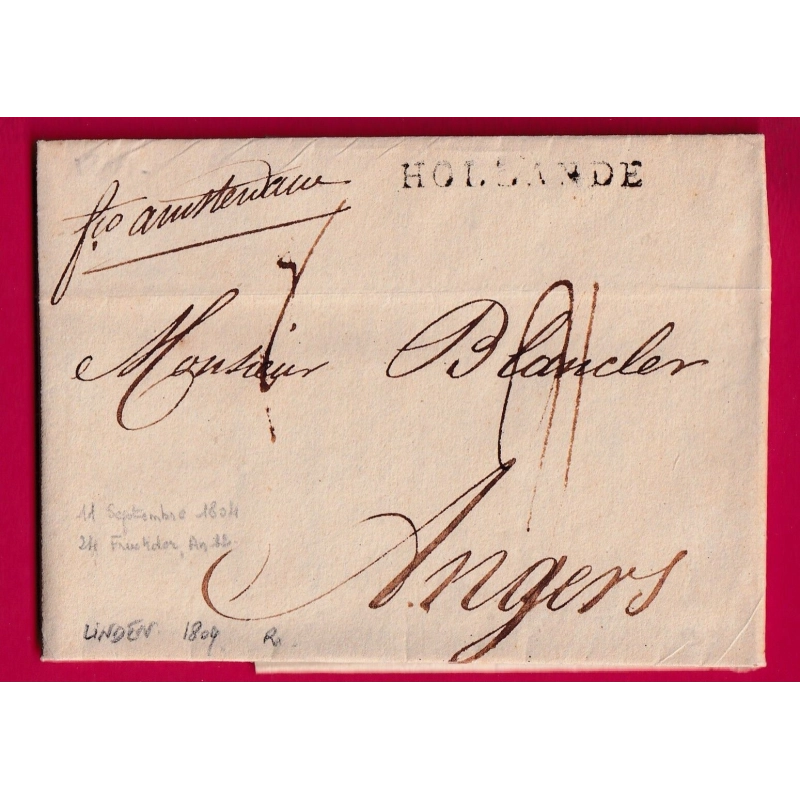 MARQUE HOLLANDE TEXTE DE LINDEN PAYS BAS 1804 FRANCO AMSTERDAM ANGERS MAINE ET LOIRE 1804 LETTRE COVER