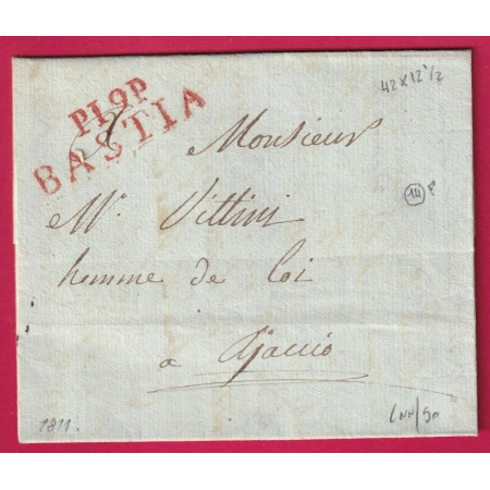 MARQUE P19P BASTIA EN ROUGE 42 X 12 1811 POUR AJACCIO INDICE 14 LETTRE COVER