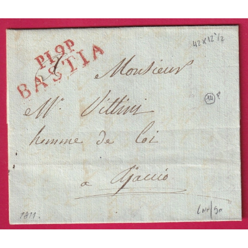 MARQUE P19P BASTIA EN ROUGE 42 X 12 1811 POUR AJACCIO INDICE 14 LETTRE COVER