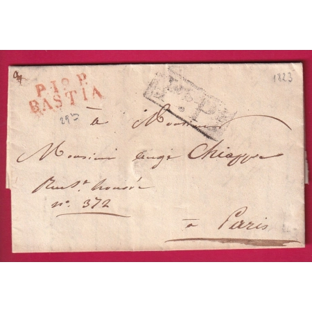 MARQUE P19P BASTIA EN ROUGE 29 X 10 1823 POUR PARIS INDICE 14 LETTRE COVER