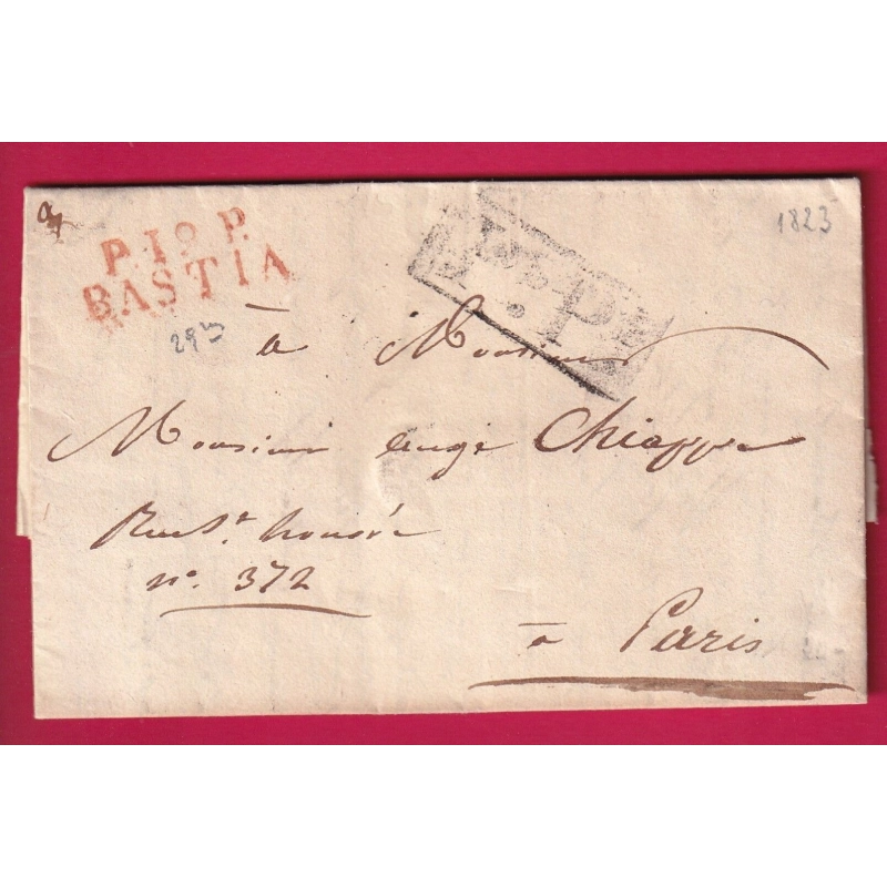 MARQUE P19P BASTIA EN ROUGE 29 X 10 1823 POUR PARIS INDICE 14 LETTRE COVER