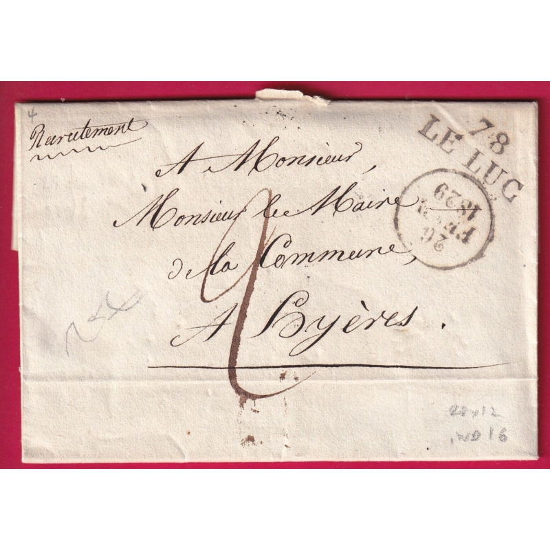 MARQUE 78 LE LUC VAR 1829 28X12 IND 16 TEXTE MAIRIE VIDAUBAN POUR HYERES LETTRE COVER
