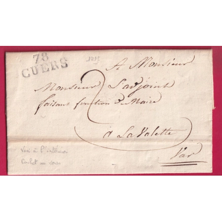 MARQUE 78 CUERS VAR 1817 TEXTE MAIRIE DE SOLLIES LE PONT POUR LA VALETTE DU VAR LETTRE COVER