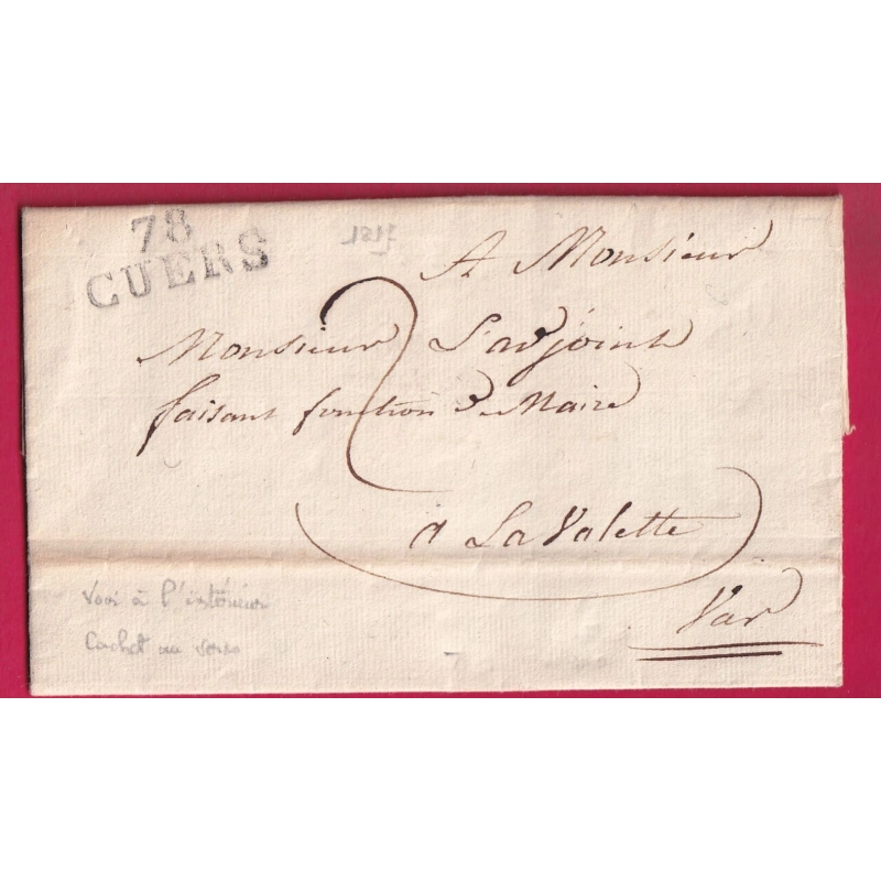 MARQUE 78 CUERS VAR 1817 TEXTE MAIRIE DE SOLLIES LE PONT POUR LA VALETTE DU VAR LETTRE COVER