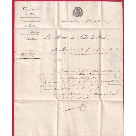 MARQUE 78 CUERS VAR 1817 TEXTE MAIRIE DE SOLLIES LE PONT POUR LA VALETTE DU VAR LETTRE COVER