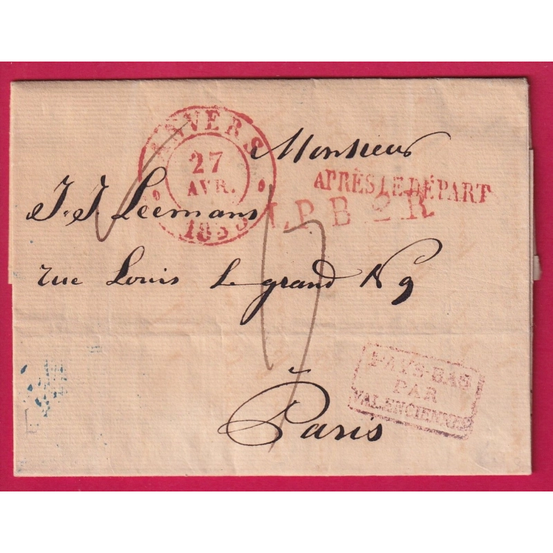 ANVERS BELGIQUE 1833 APRES LE DEPART LINEAIRE LPB2R ENTREE PAYS BAS VALENCIENNES POUR PARIS LETTRE COVER