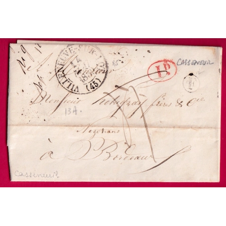 CAD TYPE13 VILLENEUVE SUR LOT BOITE RURALE F CASSENEUIL LOT ET GARONNE DECIME RURAL POUR BORDEAUX 1839 LETTRE COVER
