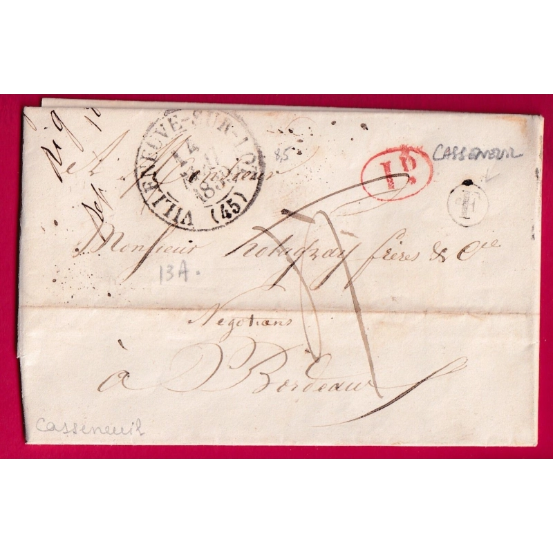 CAD TYPE13 VILLENEUVE SUR LOT BOITE RURALE F CASSENEUIL LOT ET GARONNE DECIME RURAL POUR BORDEAUX 1839 LETTRE COVER
