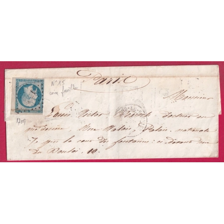 N°15 COIN DE FEUILLE TOUCHE PC 1759 LONS LE SAULNIER JURA POUR PARIS LETTRE COVER