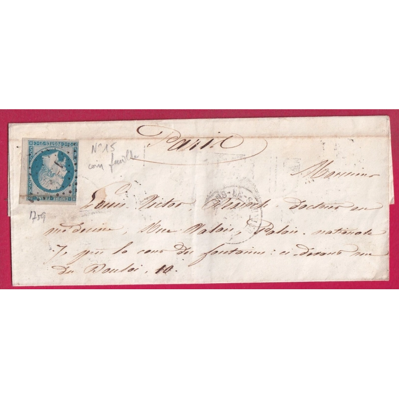 N°15 COIN DE FEUILLE TOUCHE PC 1759 LONS LE SAULNIER JURA POUR PARIS LETTRE COVER